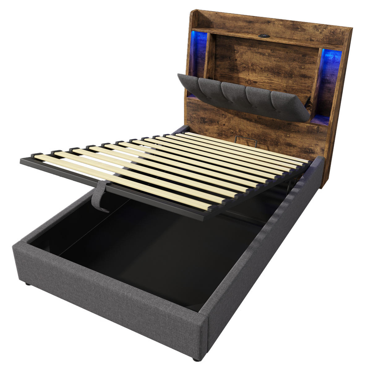 POLSTERBETT 90/200 cm Grau mit USB- und Type-C-Anschlüssen und LED-Beleuchtung - Grau, Textil (90/200cm) - OKWISH
