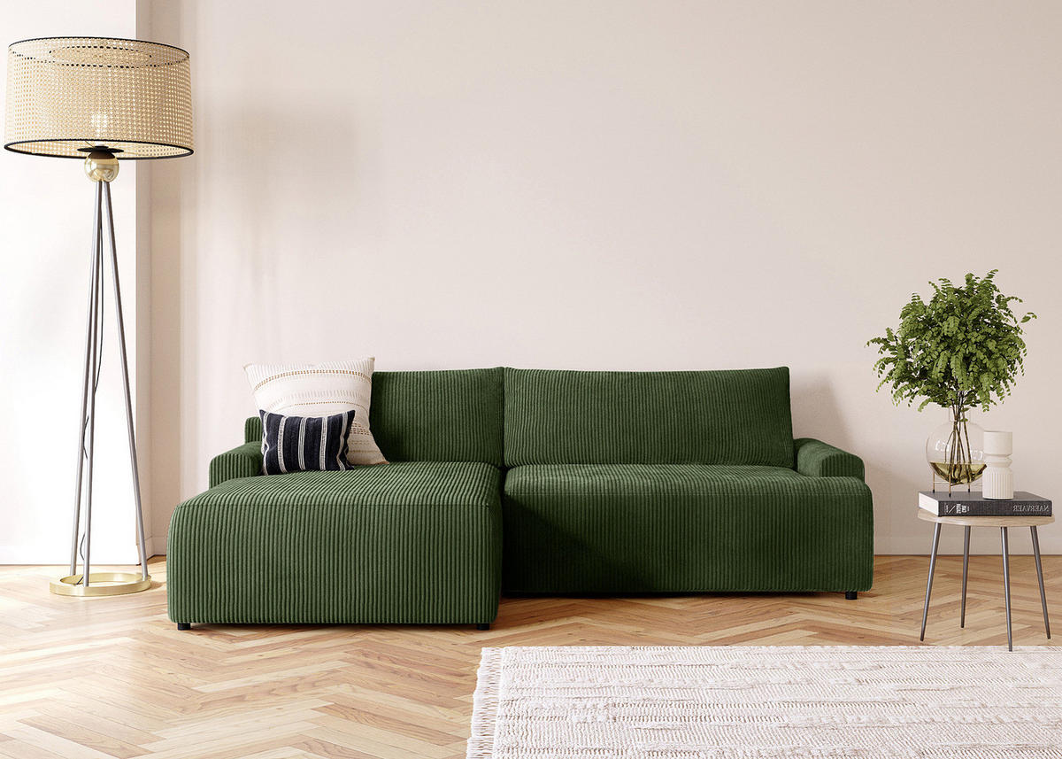 ECKSOFA mit Schlaffunktion - Longchair - Schwarz/Grün, Kunststoff/Textil (253/167cm) - home24