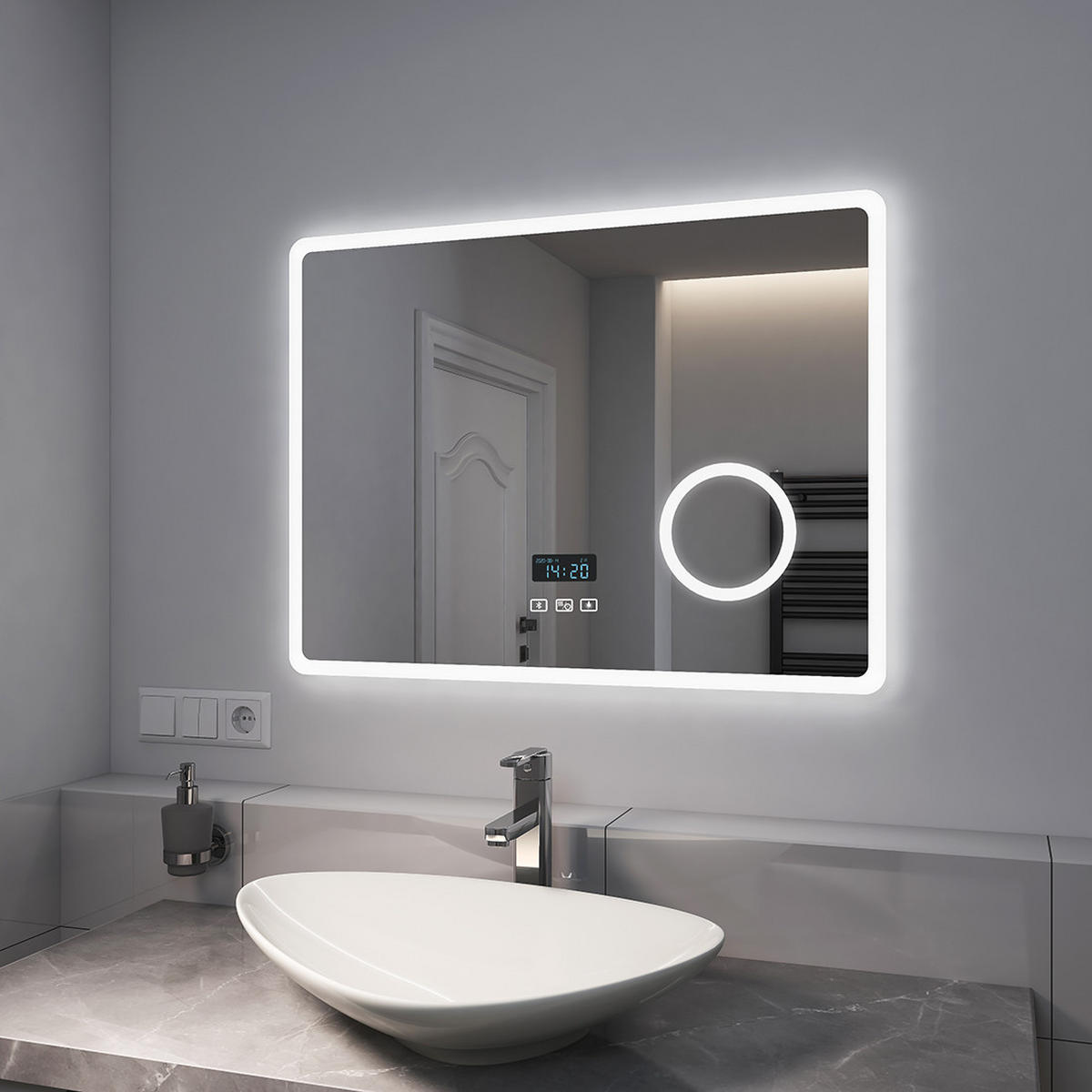 BADSPIEGEL mit 3-Tasten-Bluetooth Beleuchtung mit Integriertem Schminkspiegel 80/60 cm - Weiß, Glas (60/3.5/80cm) - EMKE