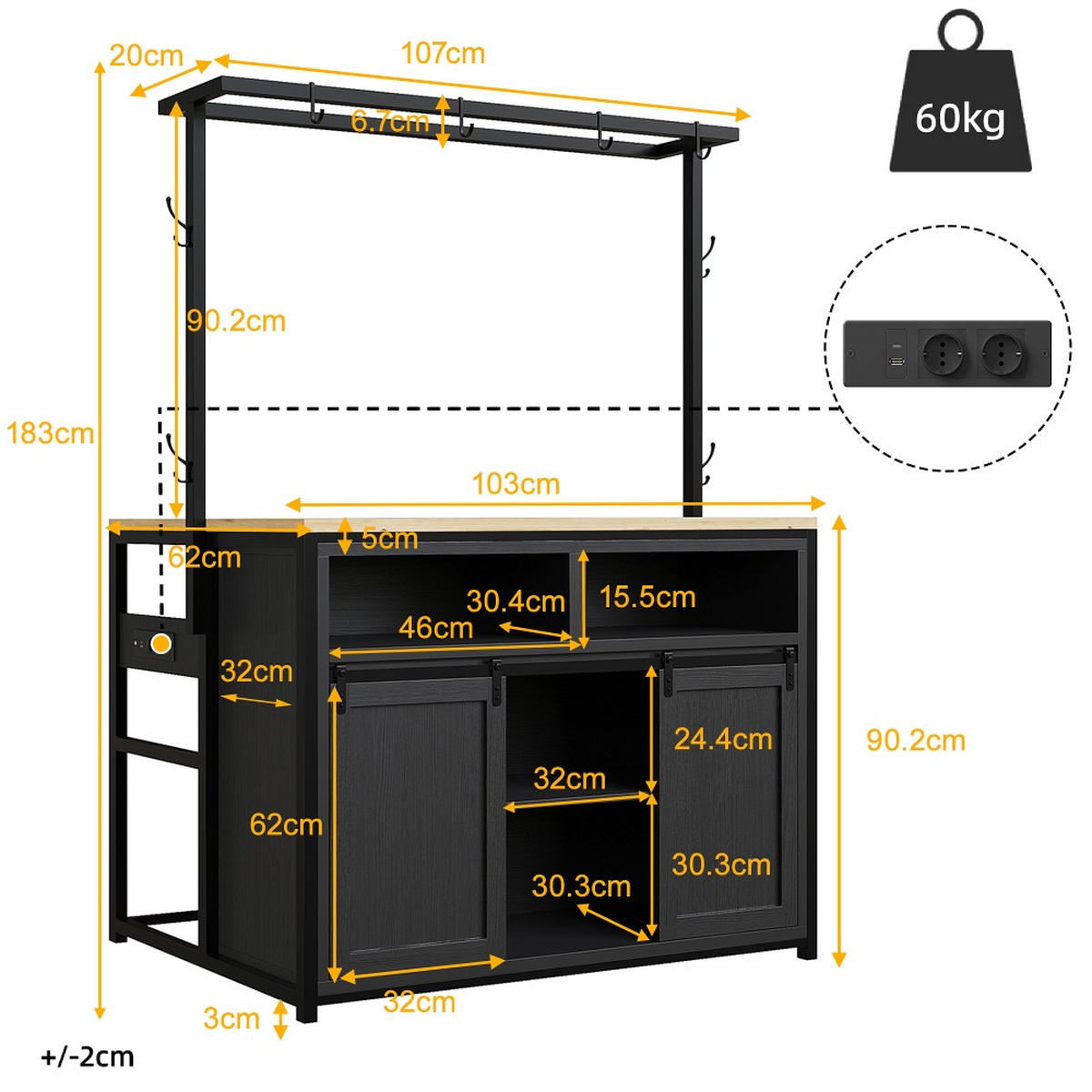 KÜCHENINSEL Küchenschrank mit Arbeitsplatte STROMANSCHLUSS Holzoptik Schwarz 107/62/183 cm - Schwarz, Kunststoff (62/183/107cm) - Rolipo
