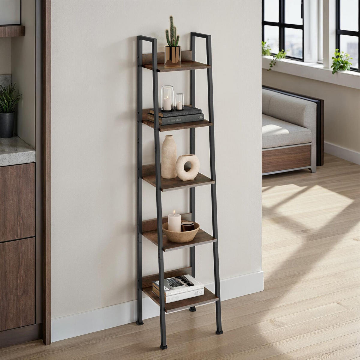 LEITERREGAL Folkestone,inklusive Kippschutz, 35,5 x 31,5 x 170,5 cm,Industrial Holz dunkel, rustikal - Rostfarben, Holzwerkstoff (31.5/170.5/35.5cm) - tectake