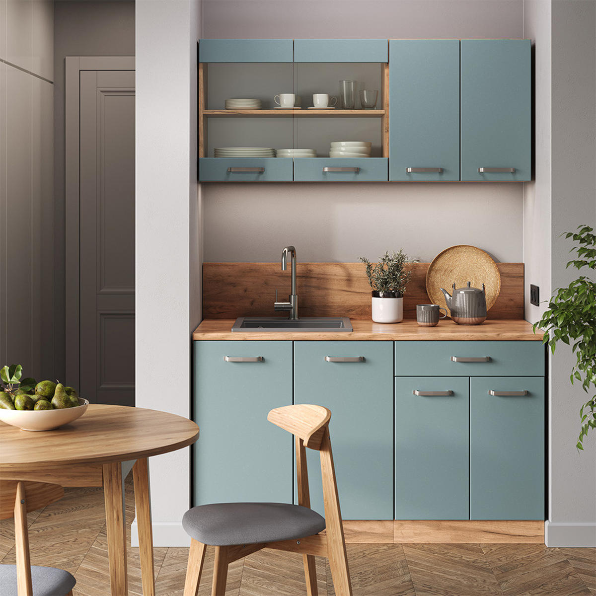 SINGLEKÜCHE R-Line Blau-Grau/Goldkraft Eiche 140 cm, AP Anthrazit - Honigeiche/Blaugrau, Holzwerkstoff (140/81.6/60cm) - Vicco