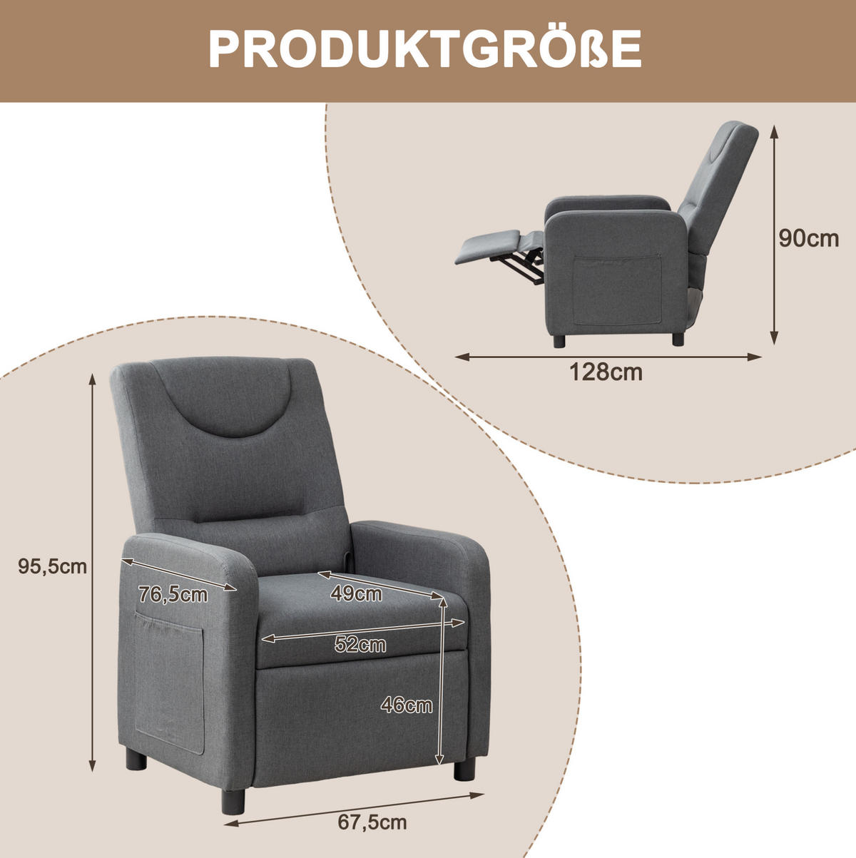 RELAXSESSEL Leinen mit verstellbarer Rückenlehne, Fußstütze 76,5/67,5/95,5 cm Dunkelgrau - Grau, Kunststoff (67.5/95.5/76.5cm) - Redom