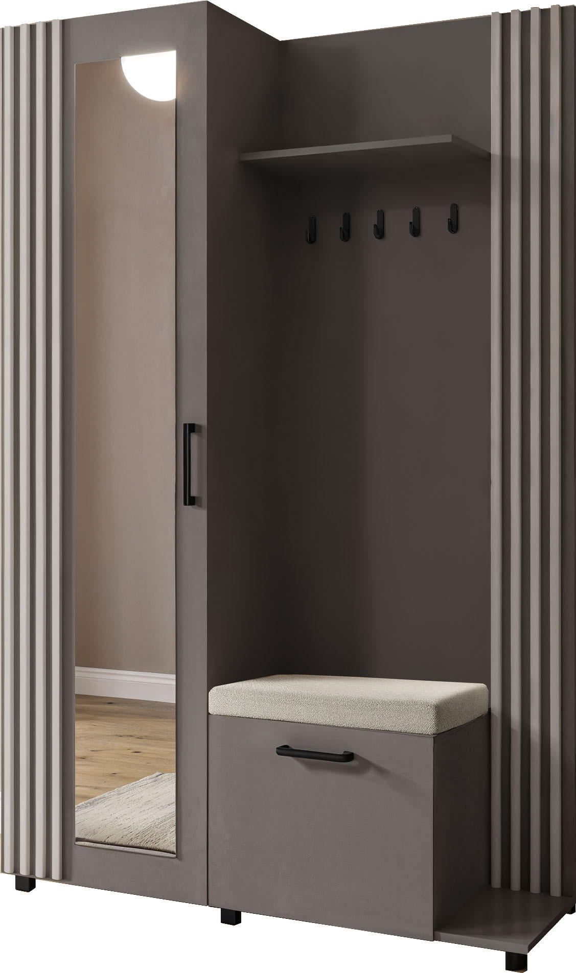 GARDEROBE Linaro mit Spiegel, Sitzbank in Lamellen-Optik 137/207/42 cm, Rechts - Schwarz/Grau, Holzwerkstoff (137/207/42cm) - WFL GROUP
