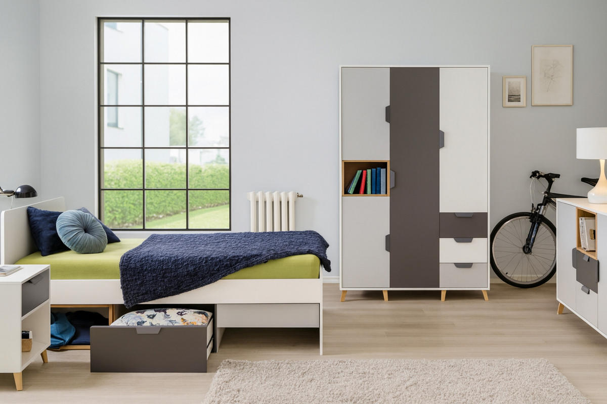KINDERKLEIDERSCHRANK JUSTIN 01 120 cm breit in Weiß / Graphit / Grau / Eiche - Eichefarben/Graphitfarben, Holzwerkstoff (120/190/55cm) - Deine Möbel 24