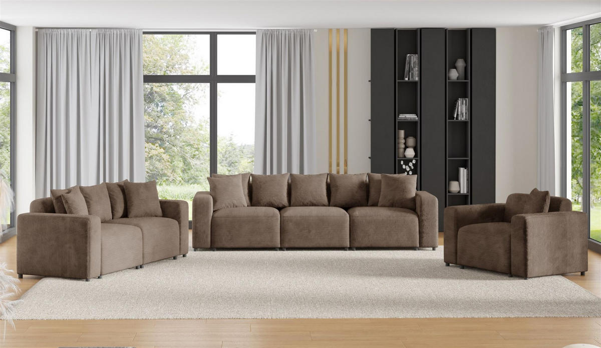 SOFASET Megan 3-2-1 In Poso - Mokka, Holzwerkstoff/Textil (327/75/98cm) - Fun Möbel