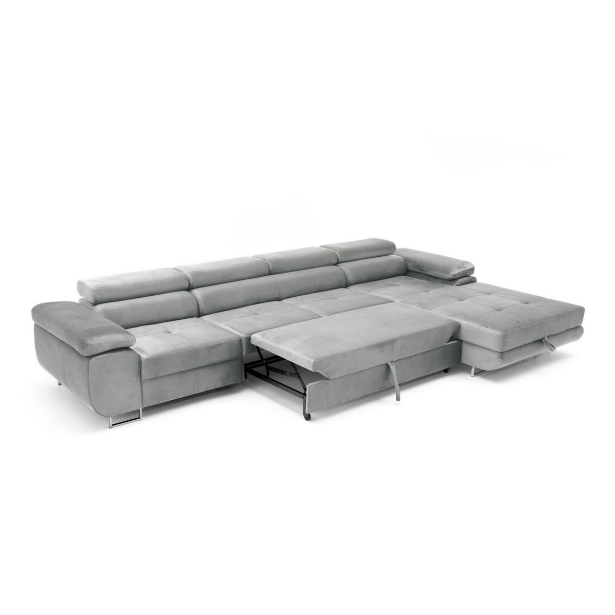 ECKSOFA ALONZO MAXI Rechts mit Schlaffunktion 125x195 Velours Hellgrau - Silberfarben/Hellgrau, Holz/Textil (203/350cm) - Muffo