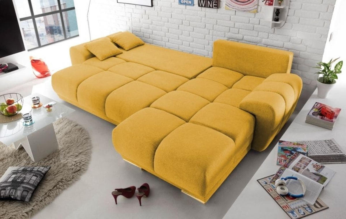ECKSOFA beidseitig montierbar, Schlaffunktion mit Bettkasten - Chromfarben/Gelb, Textil (289/189cm) - ed exciting design