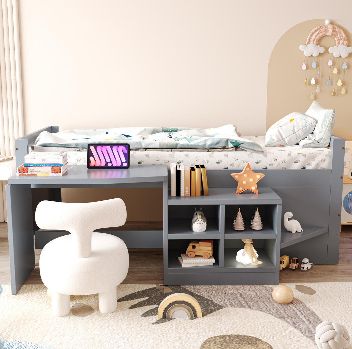 KINDERBETT 90/200 cm mit Schreibtisch, Stauraum und USB-Steckdose, Grau - Grau, Holzwerkstoff (90/200cm) - Redom