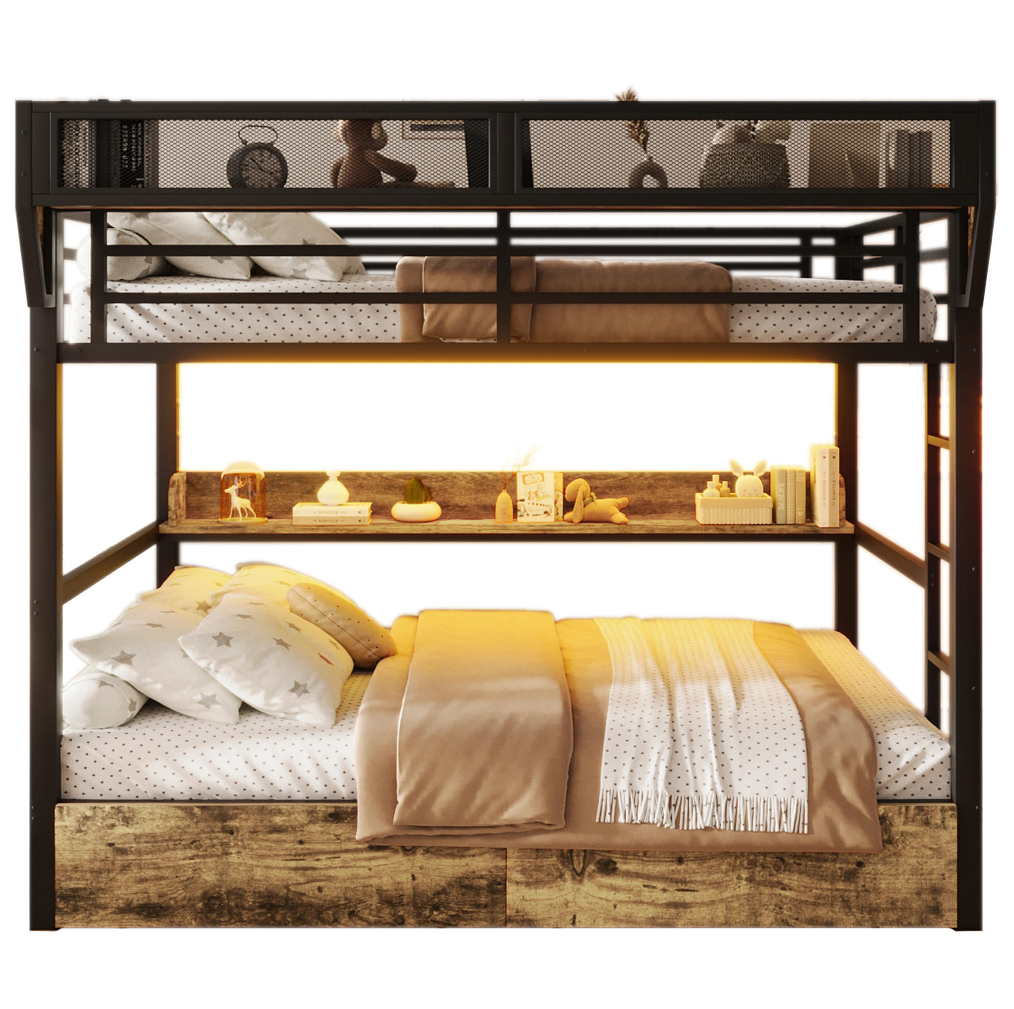 ETAGENBETT 140/200 cm aus Metall und MDF mit LED-Licht und Stauraum Schwarz - Schwarz, Holzwerkstoff (140/200cm) - Modenvie