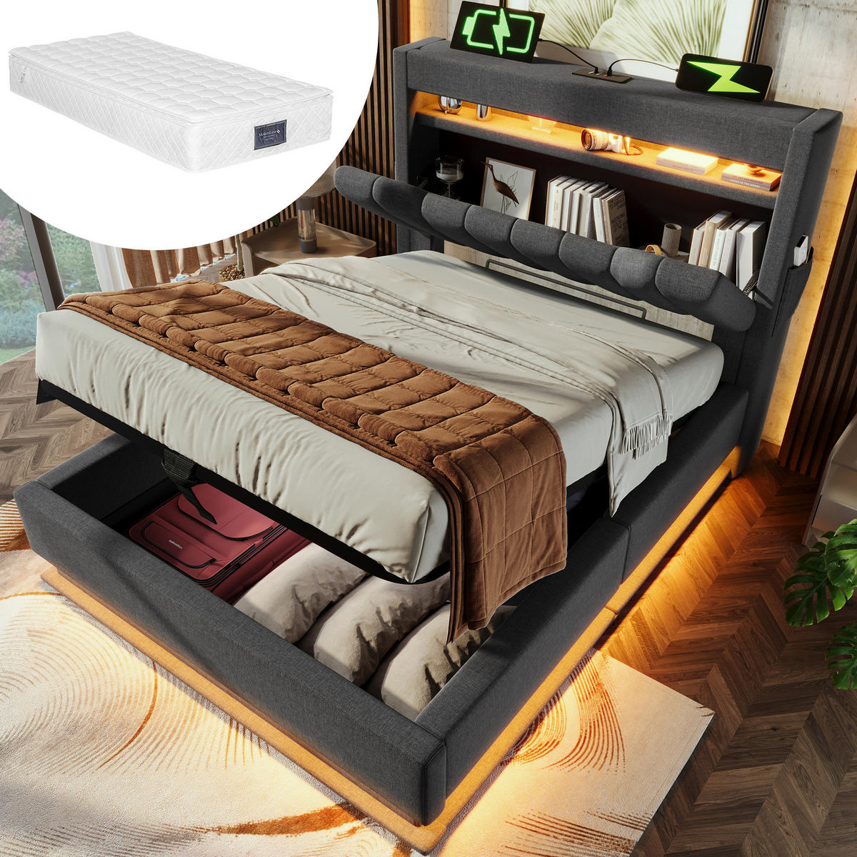 BETT mit Stauraum und LED 90x200 cm Leinen Grau inkl. Matratze - Grau, Metall (90/200cm) - Meubliv