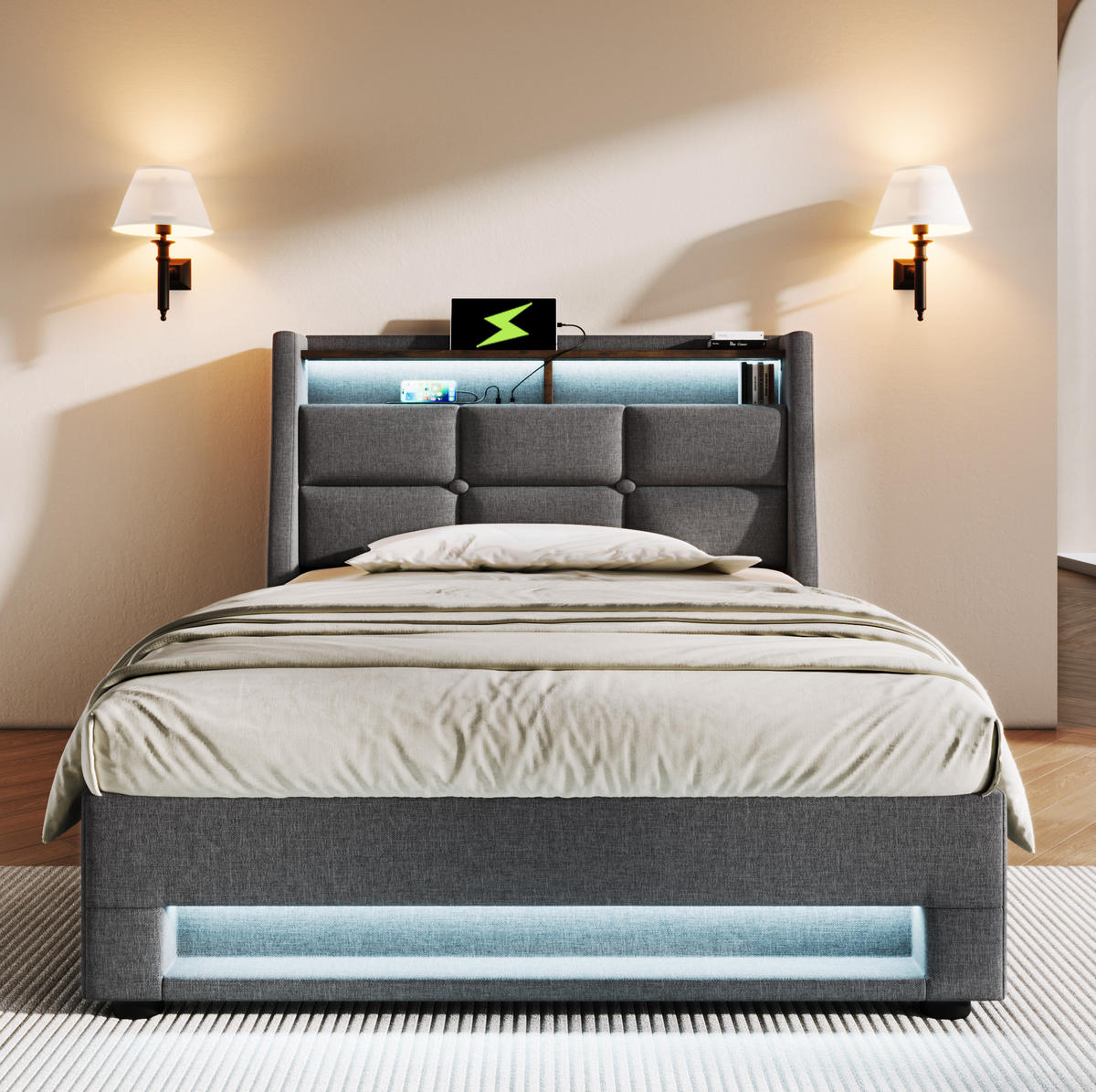 POLSTERBETT 90/200 cm Grau mit Bettkasten, LED und USB - Grau, Textil (90/200cm) - Flora Grace