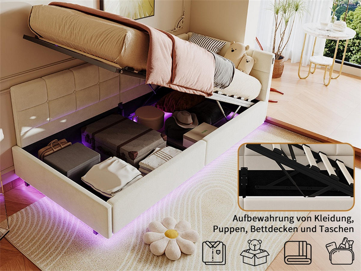POLSTERBETT 90x200 cm mit LED und hydraulischer Hebefunktion - ohne Matratze - Creme - Creme, Textil (90/200cm) - DELFA