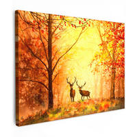 LEINWANDBILD Natur - Ölfarbe - Hirsche - Tiere - Herbst - Orange 40x30 cm - Orange, Textil (40/30cm) - MuchoWow