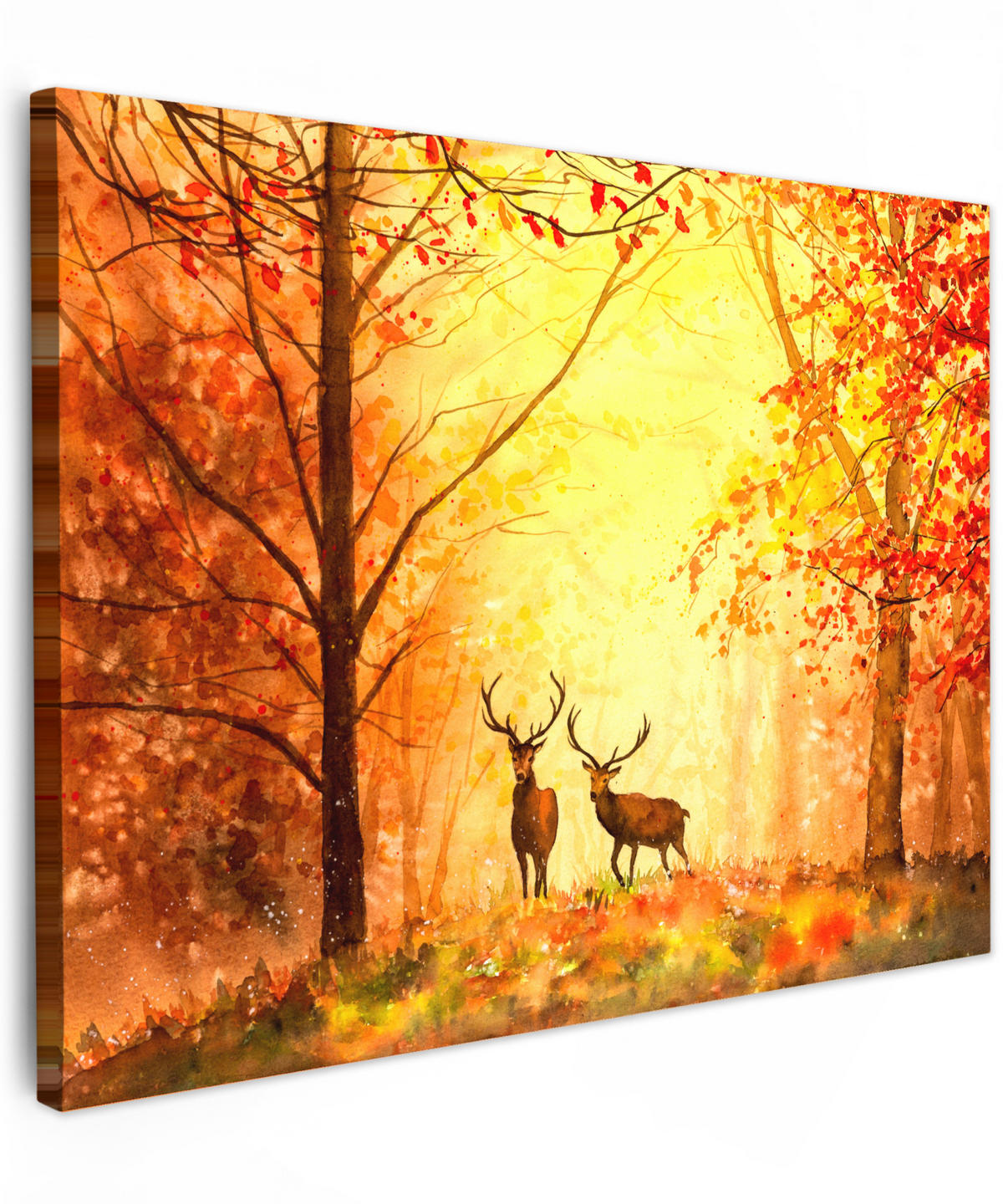 LEINWANDBILD Natur - Ölfarbe - Hirsche - Tiere - Herbst - Orange 40x30 cm - Orange, Textil (40/30cm) - MuchoWow