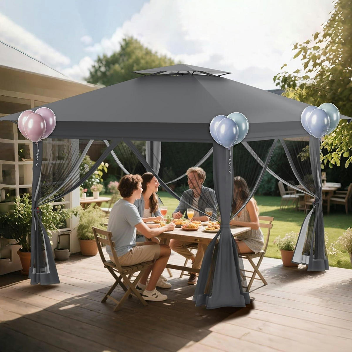 GARTENPAVILLON 4 x 4 m Anthrazit mit Moskitonetz - Anthrazit, Metall (400/285/400cm)