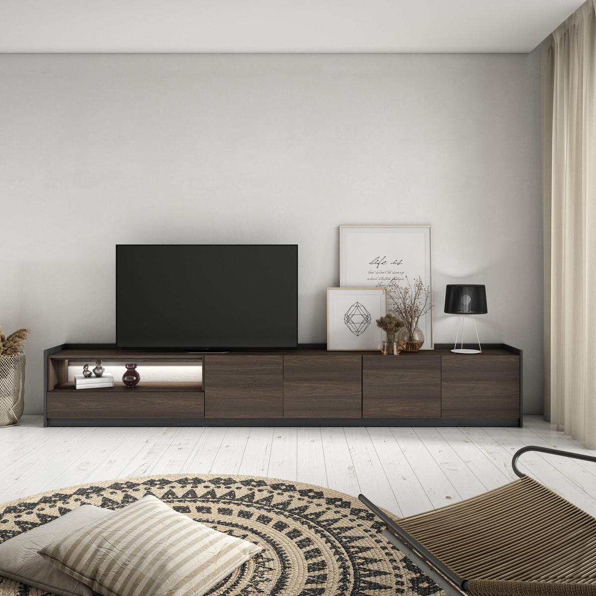 LOWBOARD, Dunkler Eiche und Schwarz, 310/37/50cm, mit Led - Dunkelbraun, Holzwerkstoff (310/50/37cm) - Skraut Home