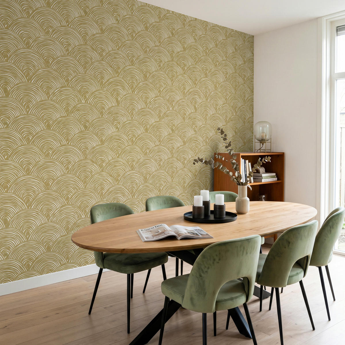 TAPETE - Fächer - Geometrisch - Grün - 300x260 cm - Goldfarben, Papier (300/260cm) - OnlyWow