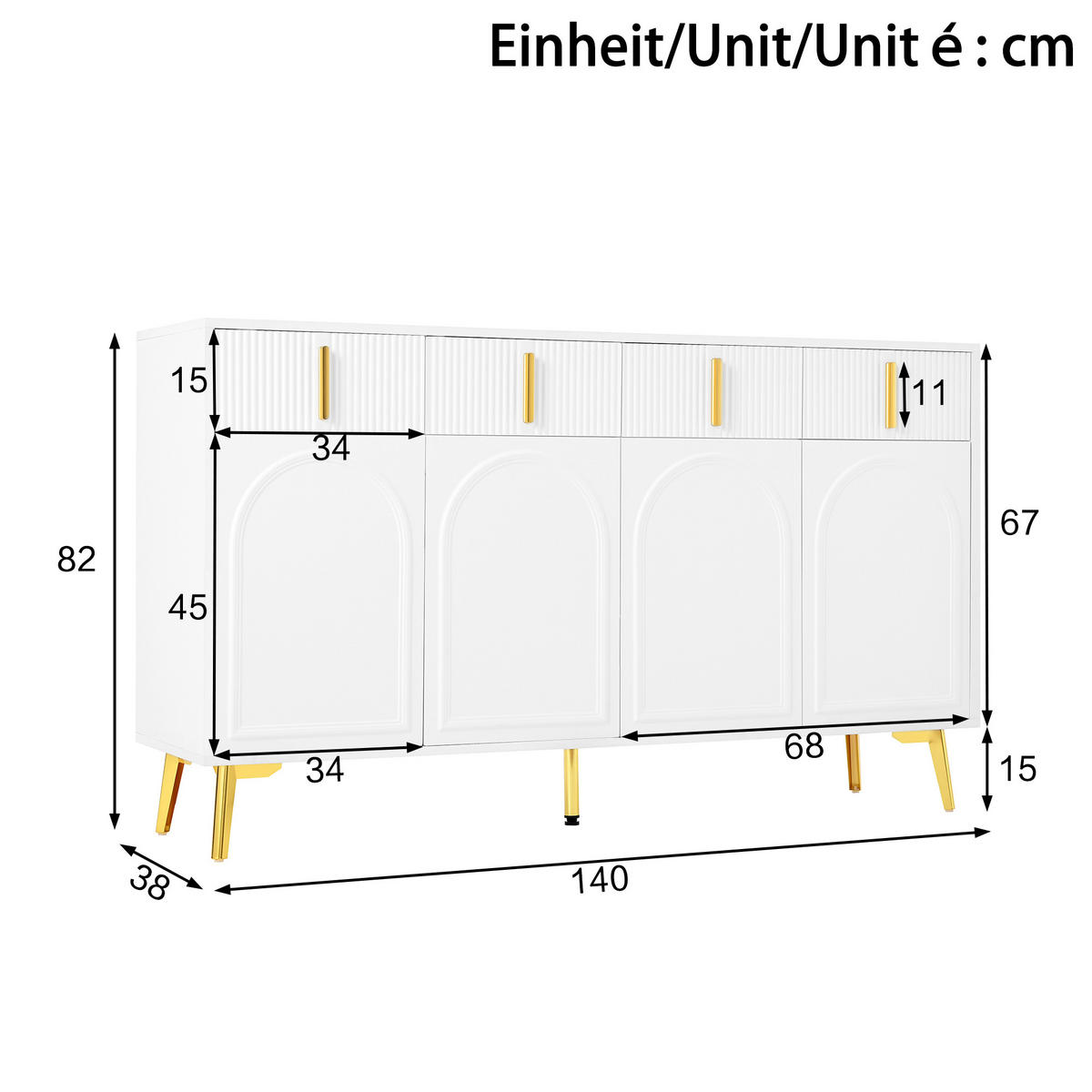 SIDEBOARD aus weißem MDF mit Melamin, 4 Türen und 4 Schubladen, goldene Griffe und Beine, 140/38/82 cm, Weiß - Weiß, Holzwerkstoff (140/82/38cm) - Redom