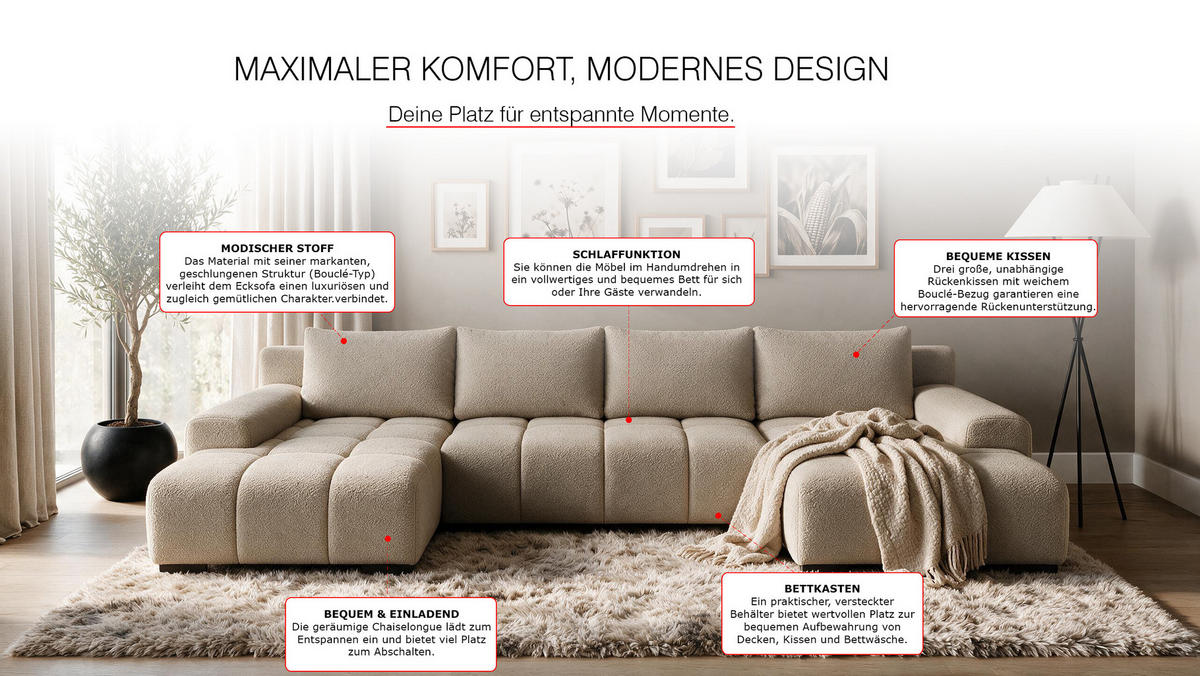 WOHNLANDSCHAFT OVIA U mit Bettkasten und Schlaffunktion, Bouclé-Stoff in U-Form - Cappuccino, Textil (350/80/185cm)