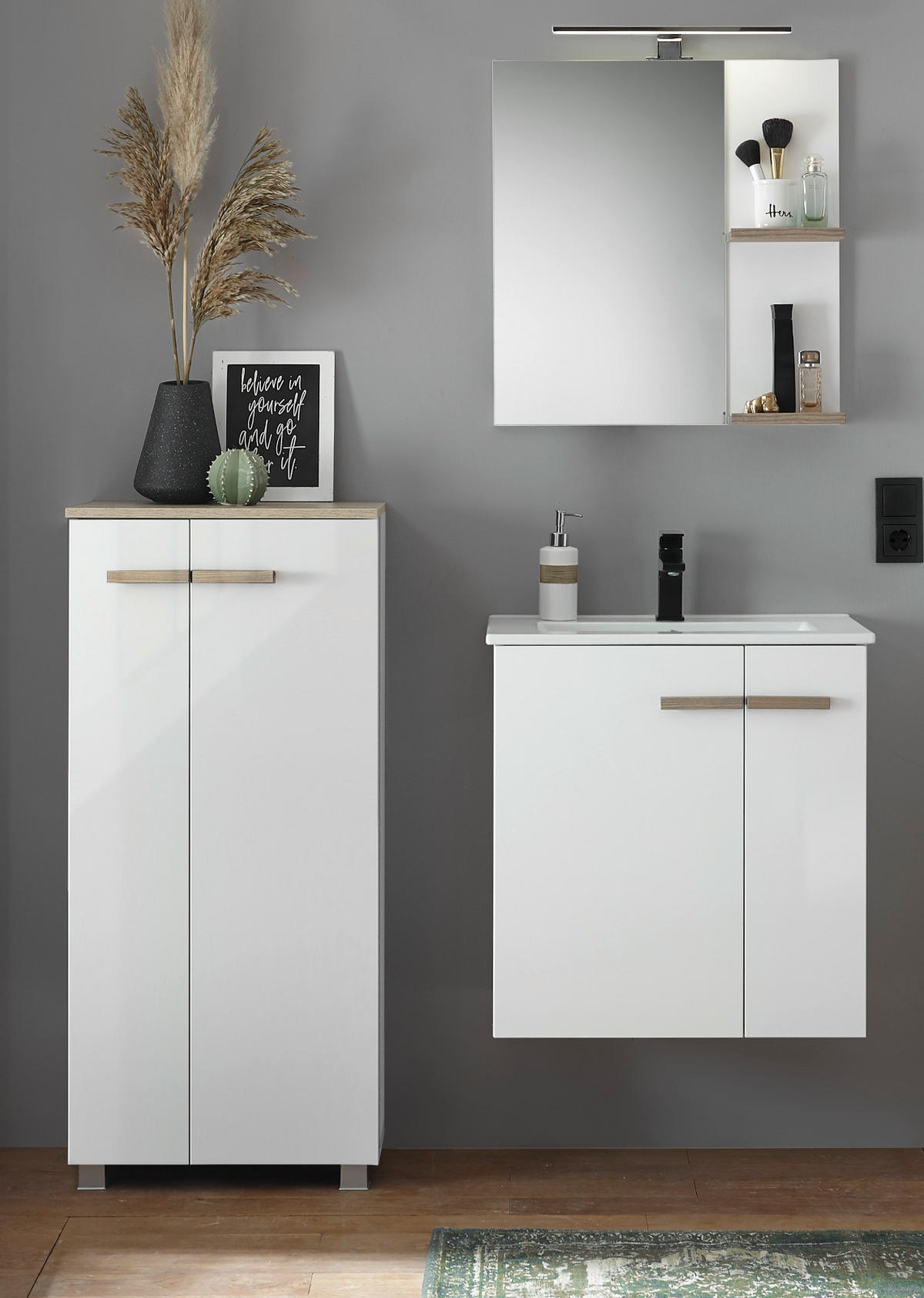 BADMÖBEL-SET weiß Hochglanz Lack, Eiche, Badkombination MIT Waschbecken, Badlampe 130 x 200 cm - Weiß Hochglanz/Eichefarben, Holzwerkstoff/Kunststoff (130/200/40cm) - Furn.Design