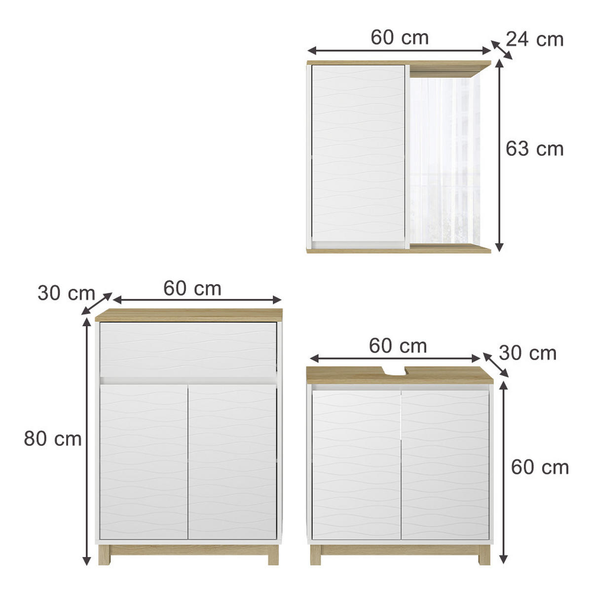 BADMÖBEL-SET Livia Weiß/Eiche 3 Teile, mit Midischrank - Eichefarben/Weiß, Holzwerkstoff (60/60/30cm) - Vicco