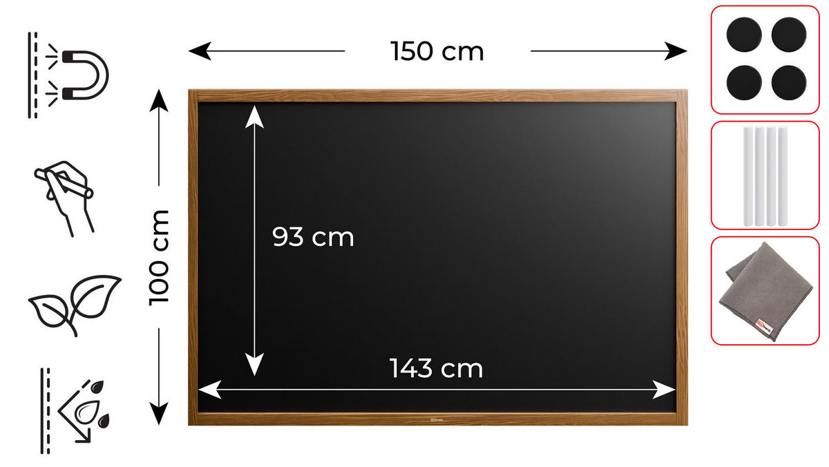 SCHWARZE magnetische Kreidetafel mit Holzrahmen 150x100cm - Braun, Holz (150/100/2cm) - ALLboards