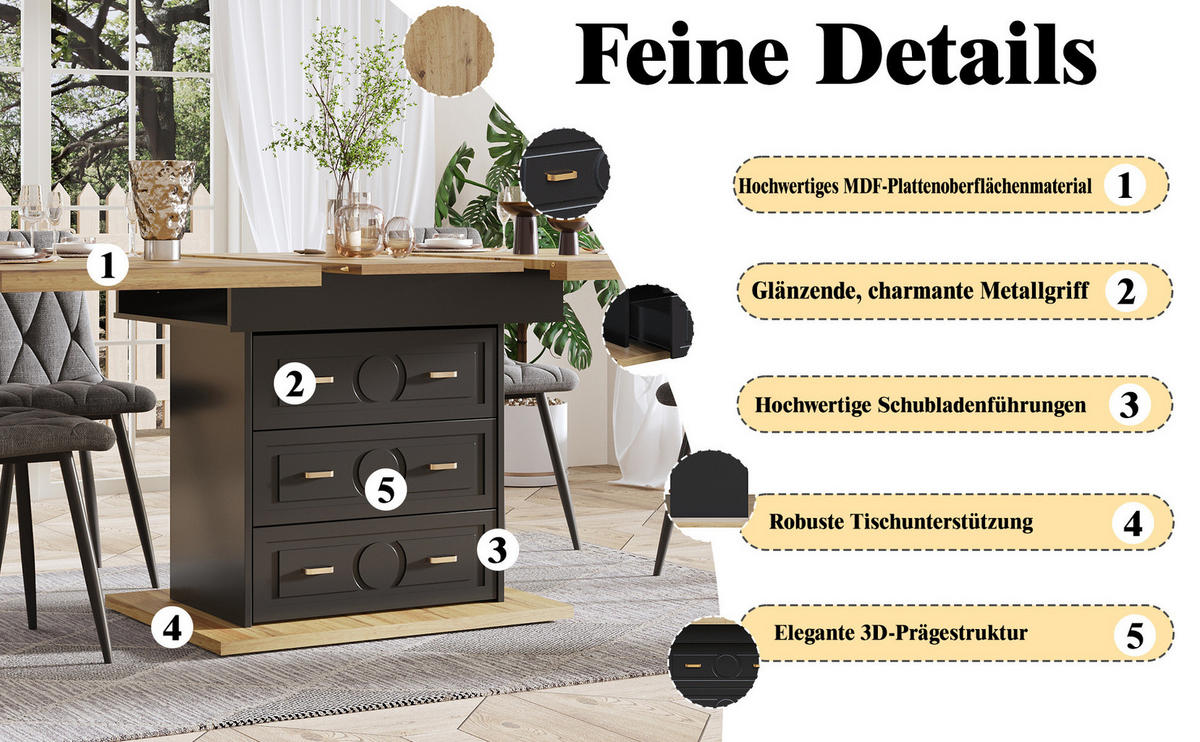ESSTISCH, MDF in Holzoptik mit Auszug & Stauraum, 110–140/80/75 cm, Schwarz - Schwarz, Holzwerkstoff (110/80/75cm) - Redom