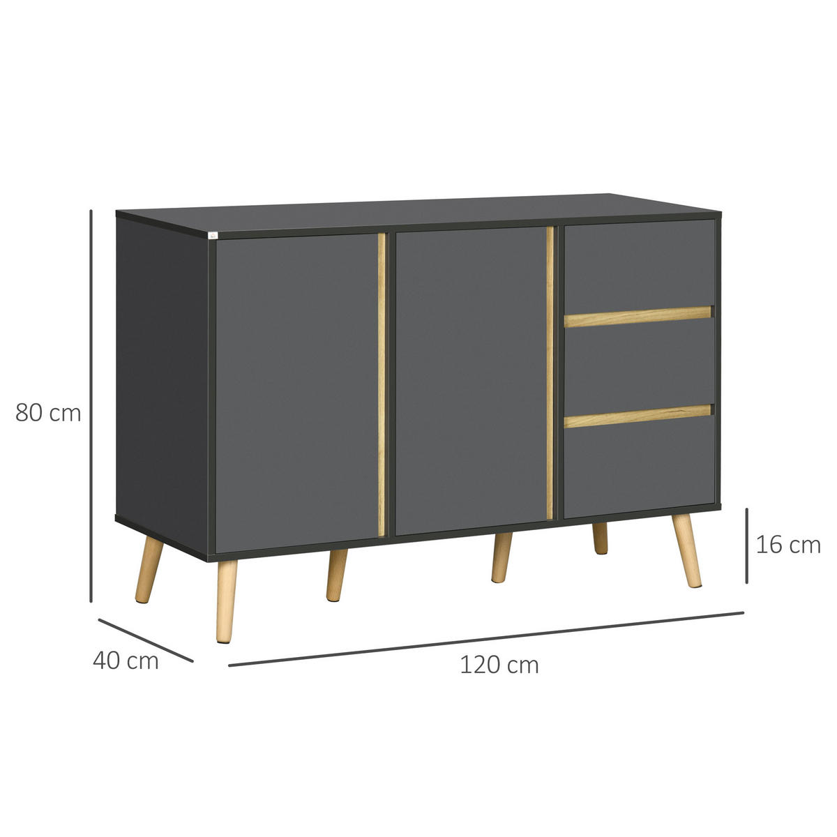 SIDEBOARD Anthrazit und Naturfarben, 2 Türen, 3 Schubladen, 120/40/80 cm - Dunkelgrau, Holz (120/80/40cm) - PANGIVO