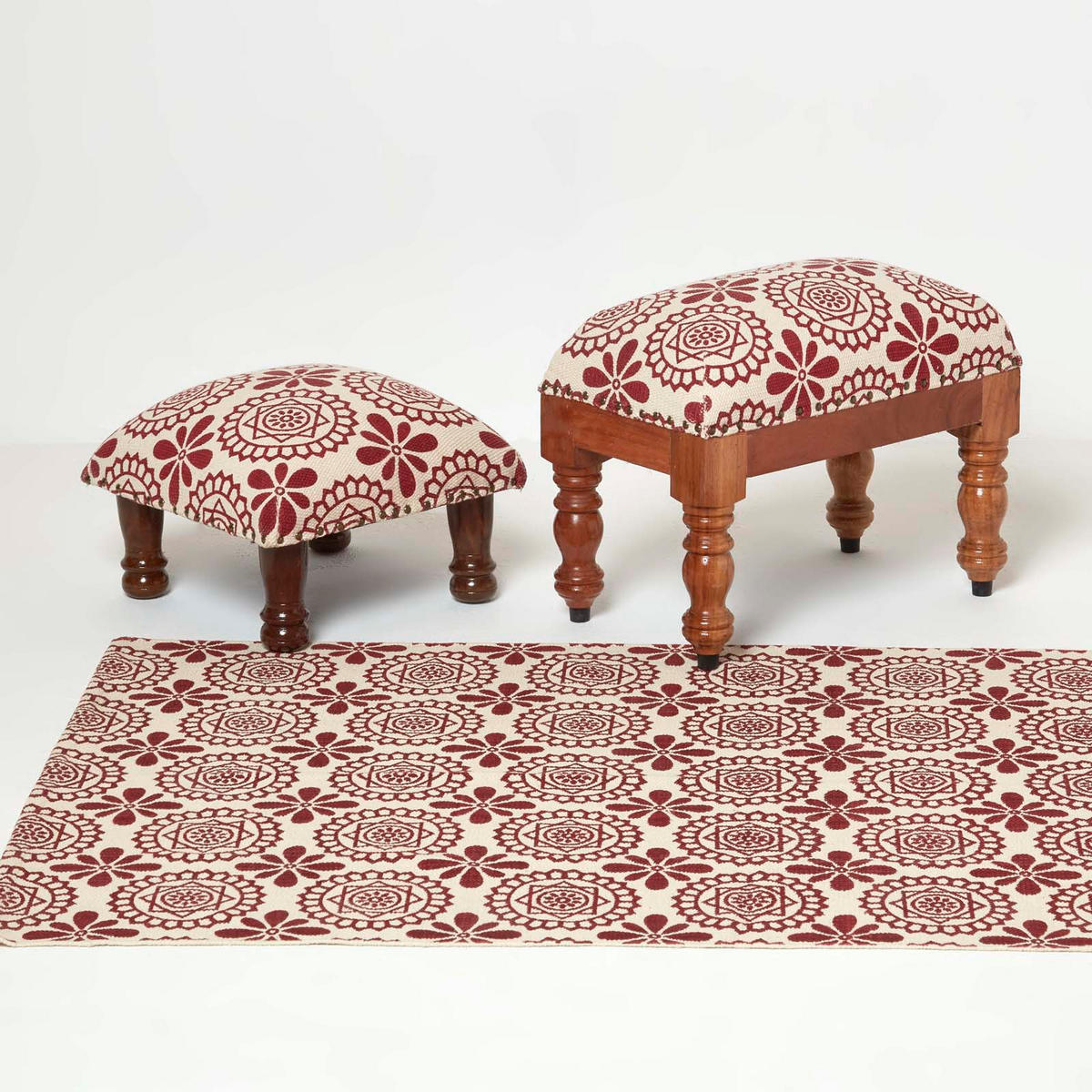 HOCKER Cassia mit Holzbeinen, rot-weiß gemustert, 50/30/40 cm - Rot, Textil (30/40/50cm) - Homescapes