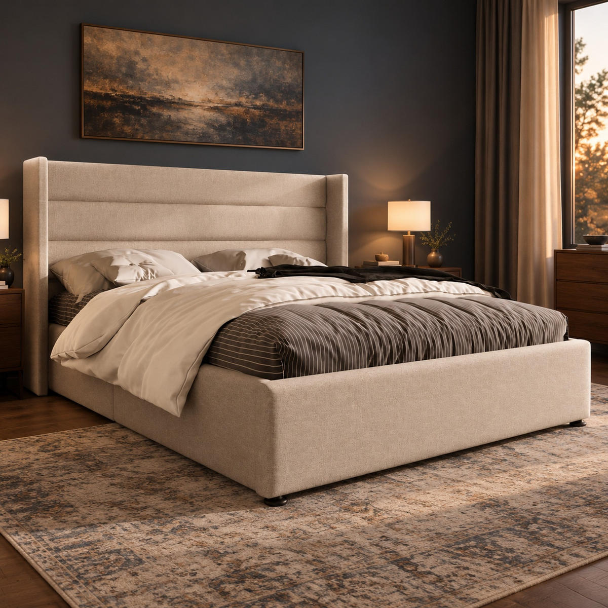 POLSTERBETT 140/200 mit Bettkasten und Lattenrost in Beige - Beige, Holzwerkstoff/Textil (140/200cm) - EVRYAE