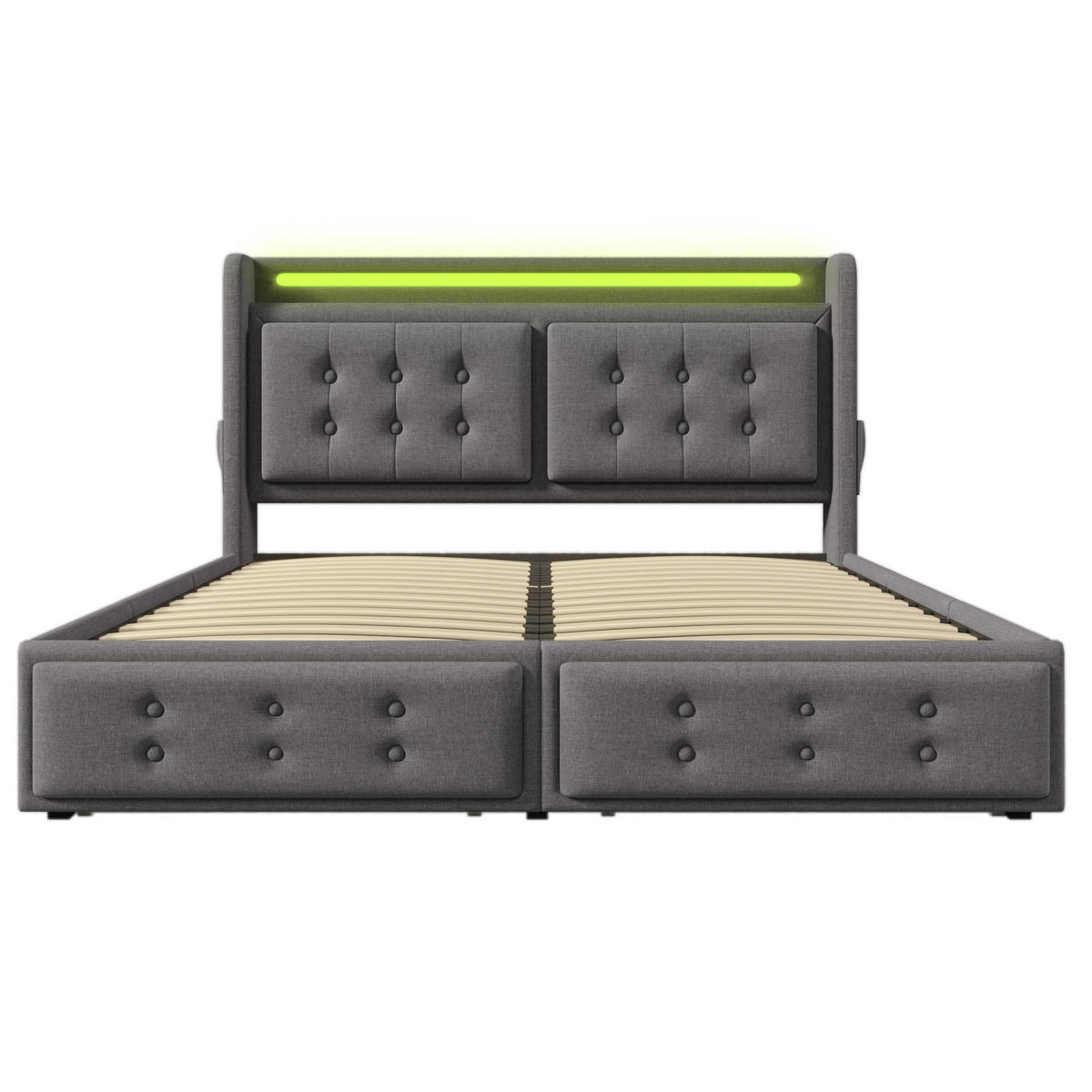 POLSTERBETT aus Baumwoll-Leinen 160x200 cm in Grau mit LED, USB-C & Matratze - Grau, Textil (160/200cm) - Modfu