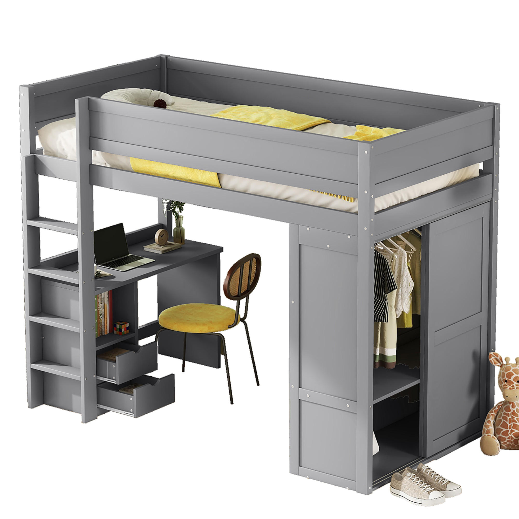 HOCHBETT 90/200 cm grau mit Schreibtisch und Kleiderschrank - Grau, Holz (90/200cm) - OKWISH