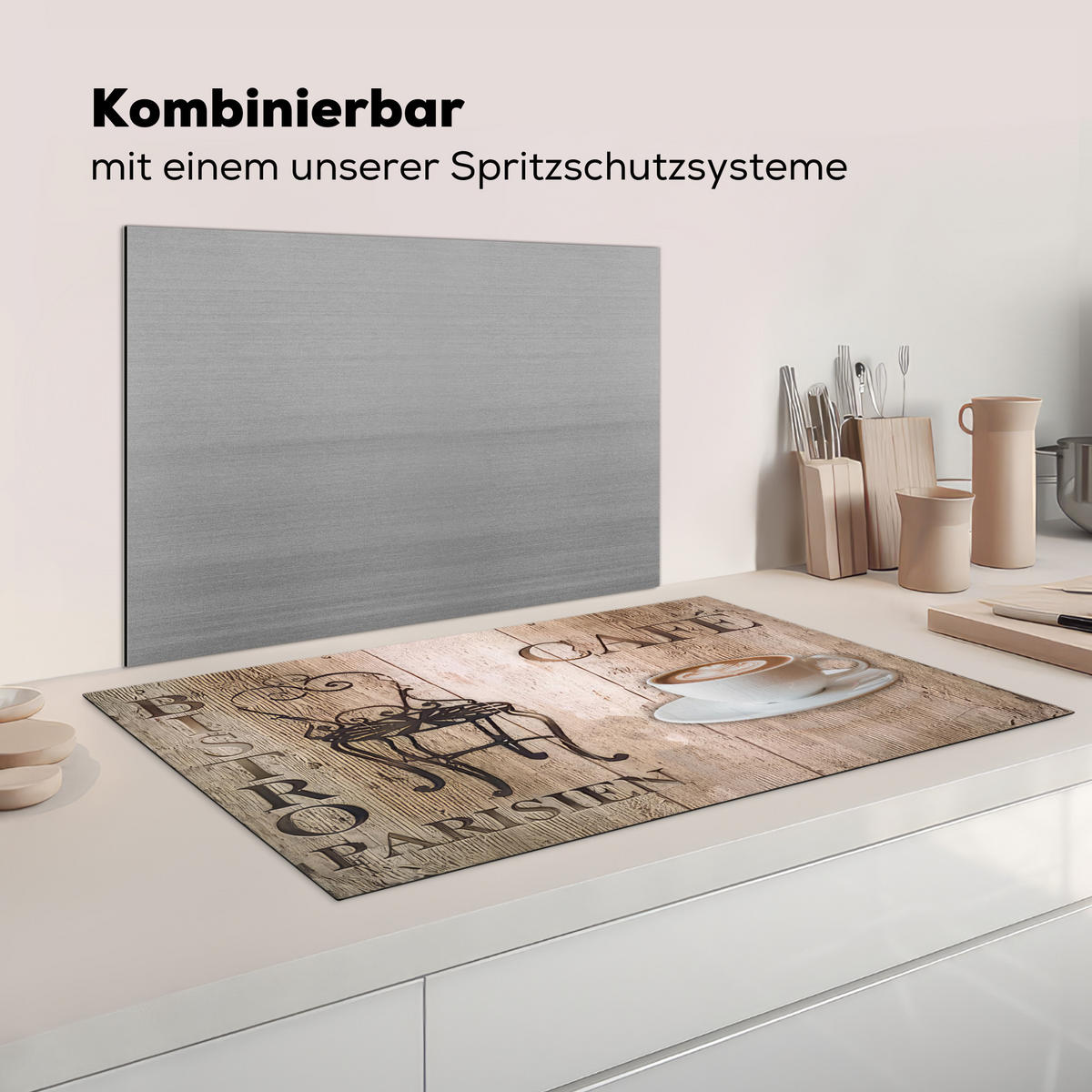 KRYT NA INDUKČNÍ DESKU Bistro Parisien - Kavárna - Káva - Vintage 90x52 cm - kapučínová, plast (90/52/0.2cm) - MuchoWow