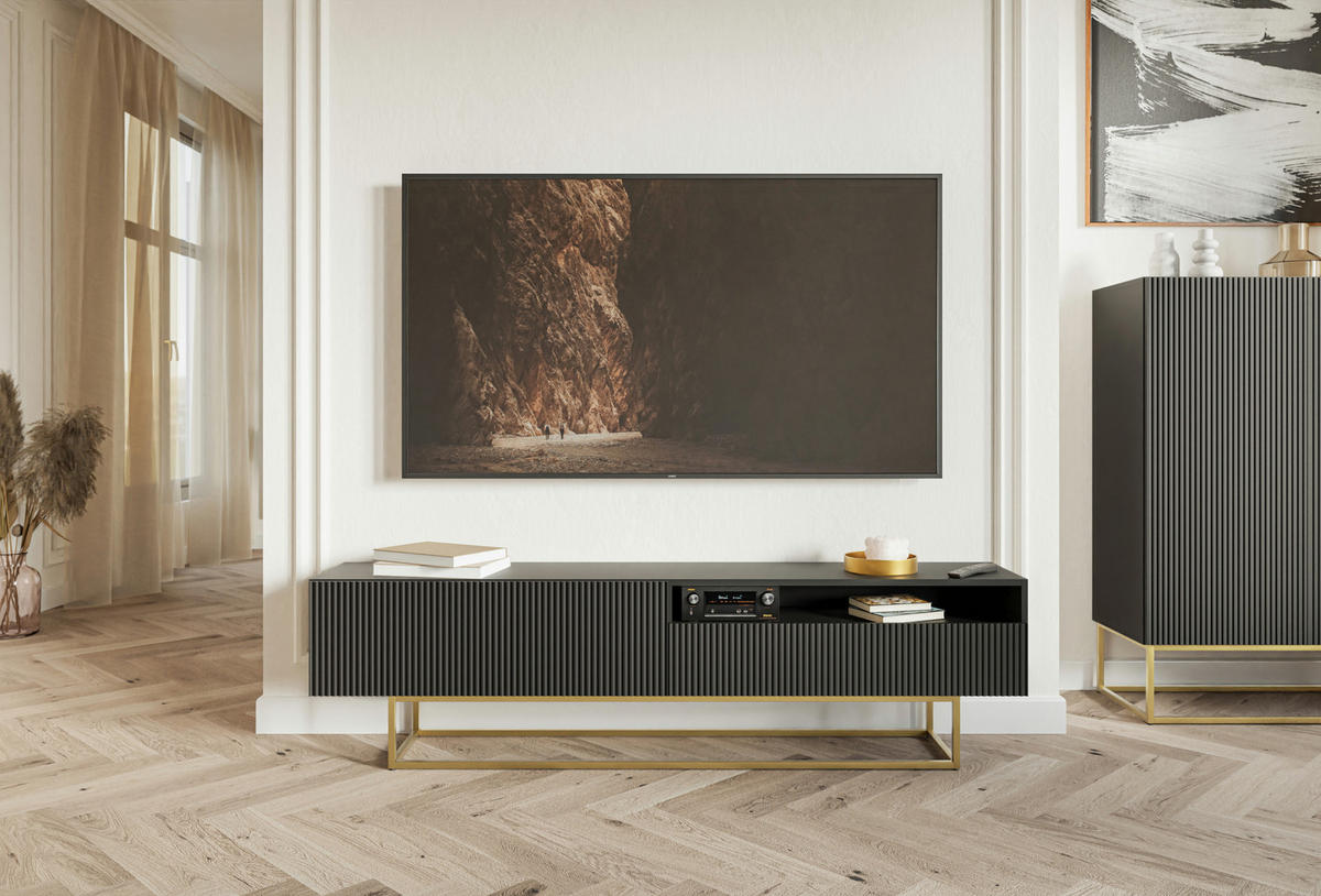 TV-SCHRANK Veldio Schwarz mit offenem Fach und goldenen Metallbeinen 175 cm - Goldfarben/Schwarz, Holzwerkstoff/Metall (175/46.5/31.6cm) - Selsey