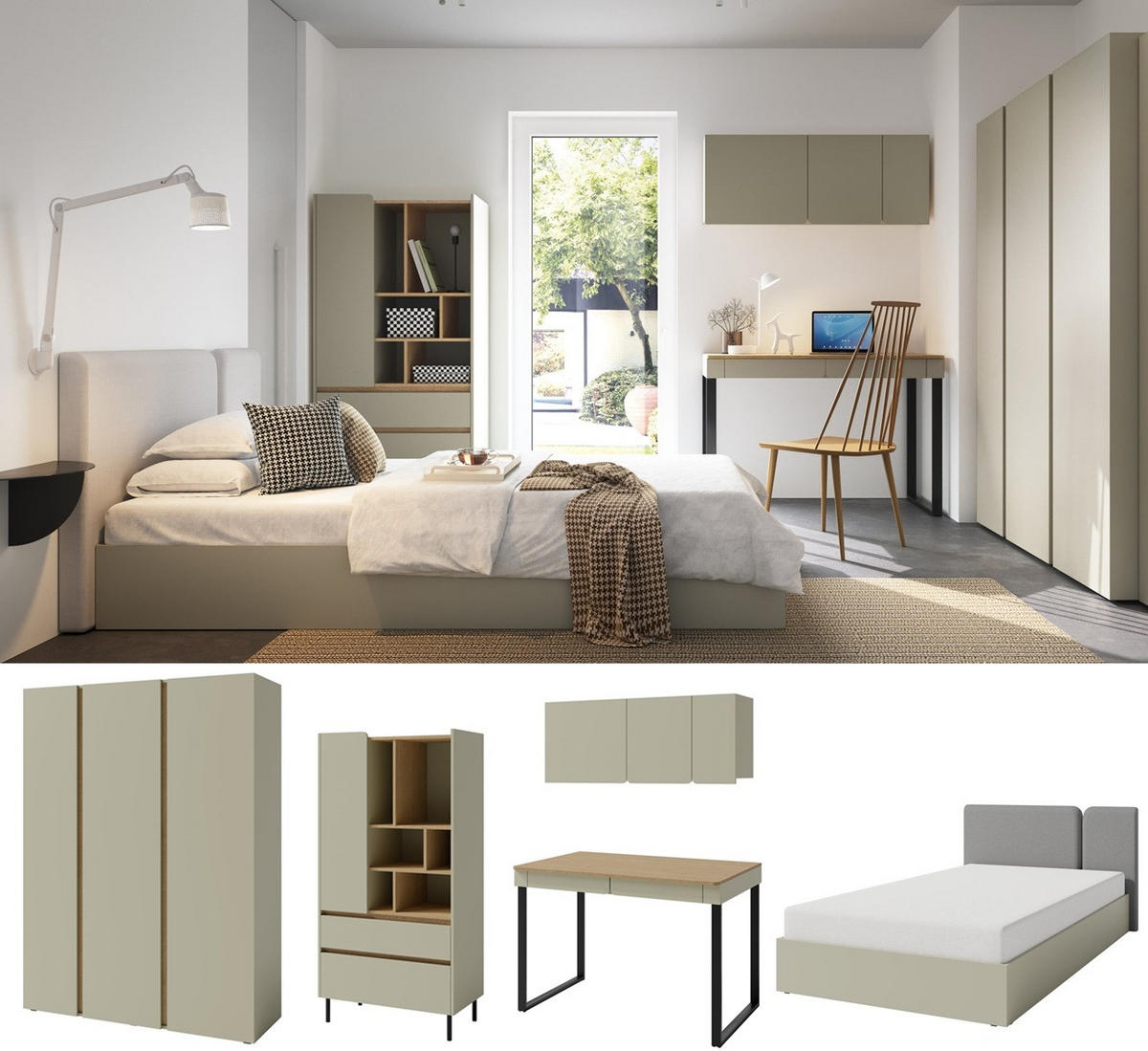 JUGENDZIMMER Laris Set A mit Bett 120 x 200 - Eukalyptus / Eiche Baltic Dune - Eukalyptusholzfarben/Eichefarben, Holzwerkstoff/Metall (90/50/195cm) - QMM TraumMöbel