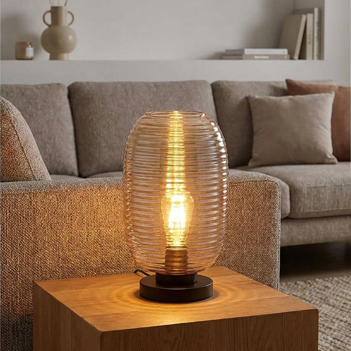TISCHLEUCHTE Glas Amber Schwarz - Orange, Glas (20/20/34.5cm) - Globo Lighting