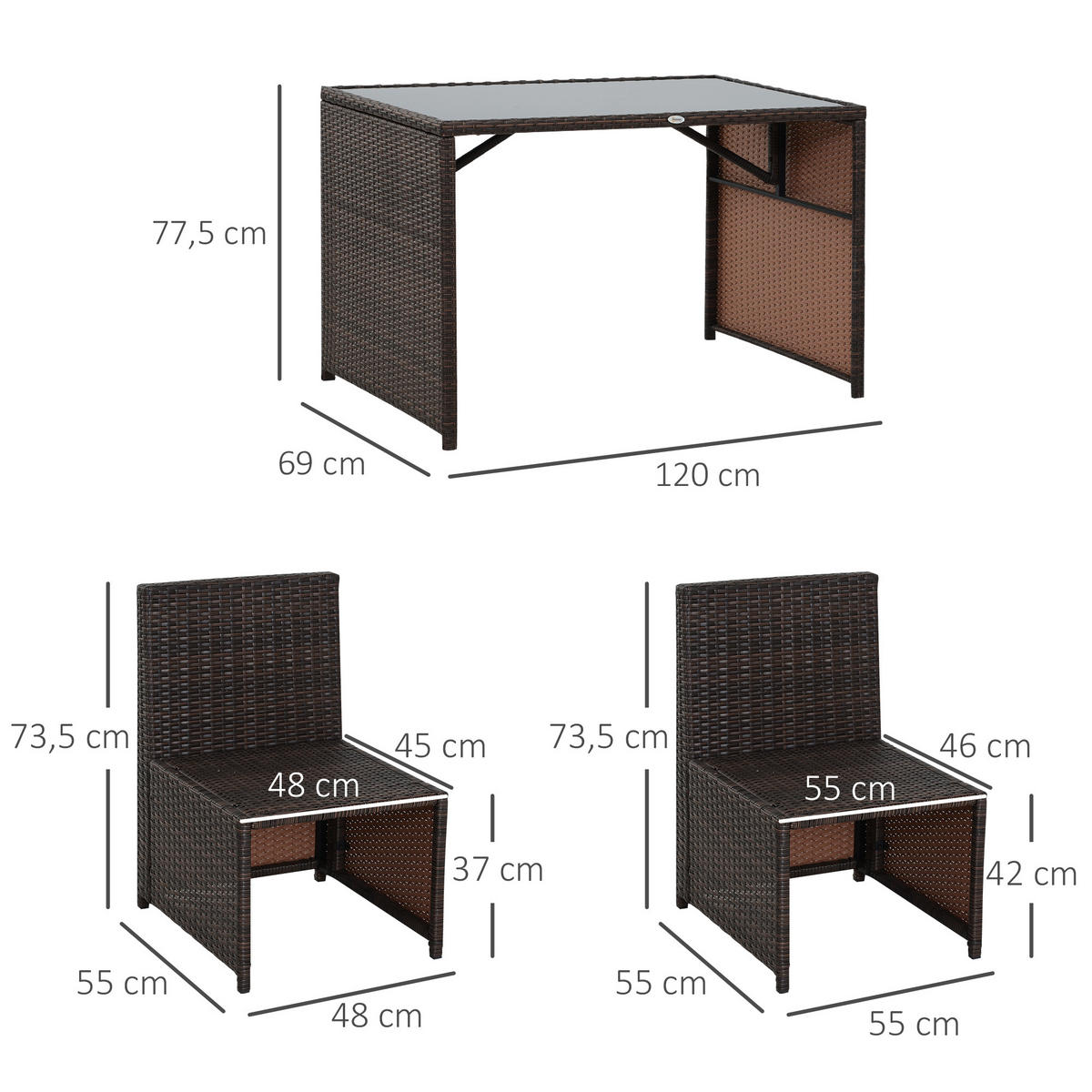 GARTENMÖBEL Set, Stahl, PE Braun+Khaki - Braun, Metall - Outsunny