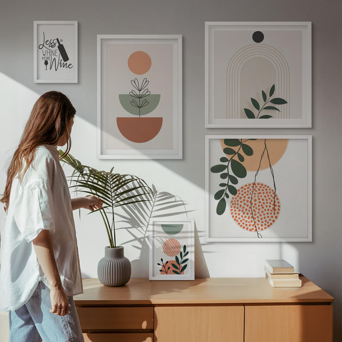 WANDBILDER 5er-Set - 50x50 cm & 20x30 cm & 40x60 cm Weißer Rahmen - Abstrakte Pflanzenformen - Weiß, Kunststoff (40/60cm) - ArtPrintCave