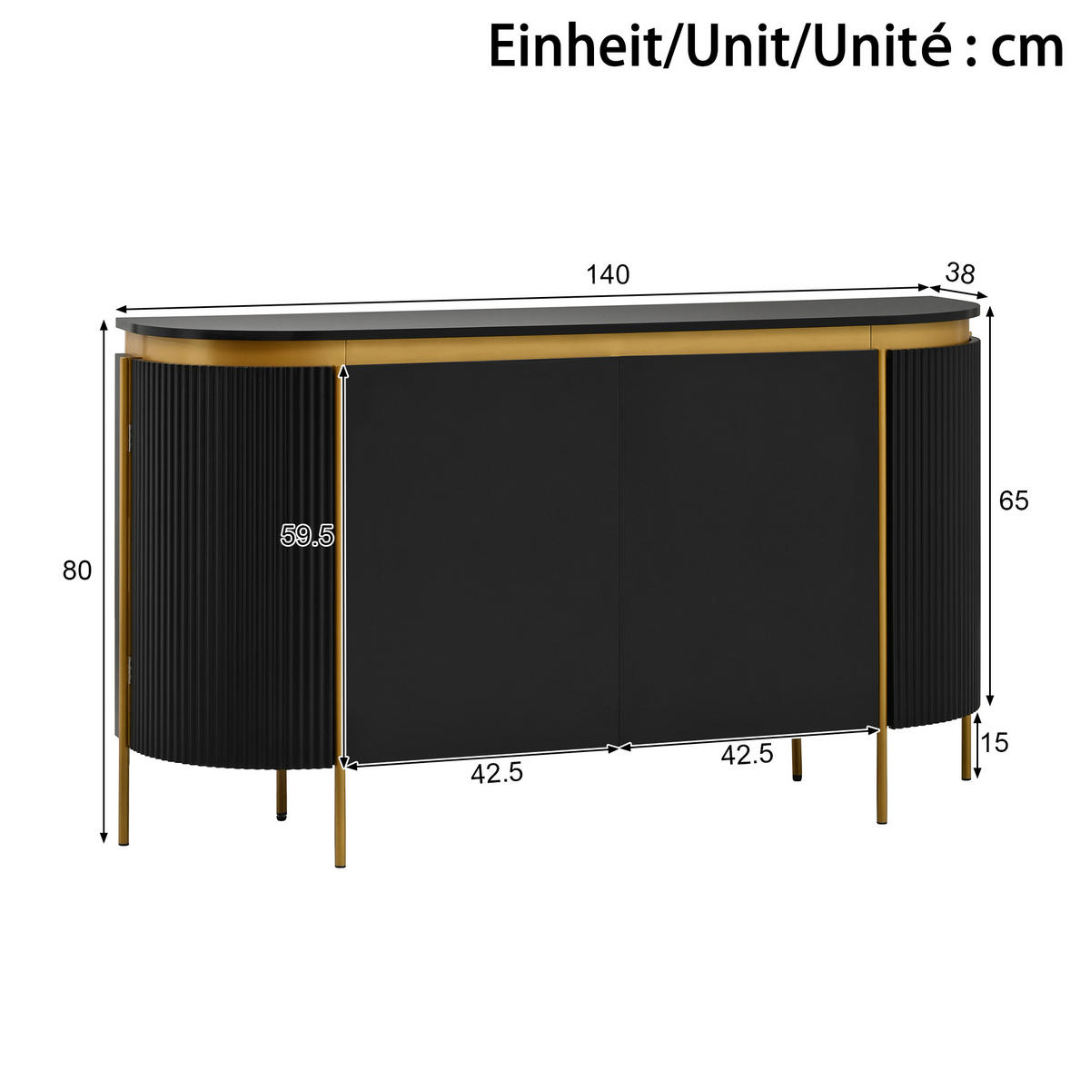 SIDEBOARD Oval 140cm MDF Riffel-Optik 4 Türen Gold-Details - Schwarz, Holzwerkstoff (140/80/38cm) - Urban Meuble