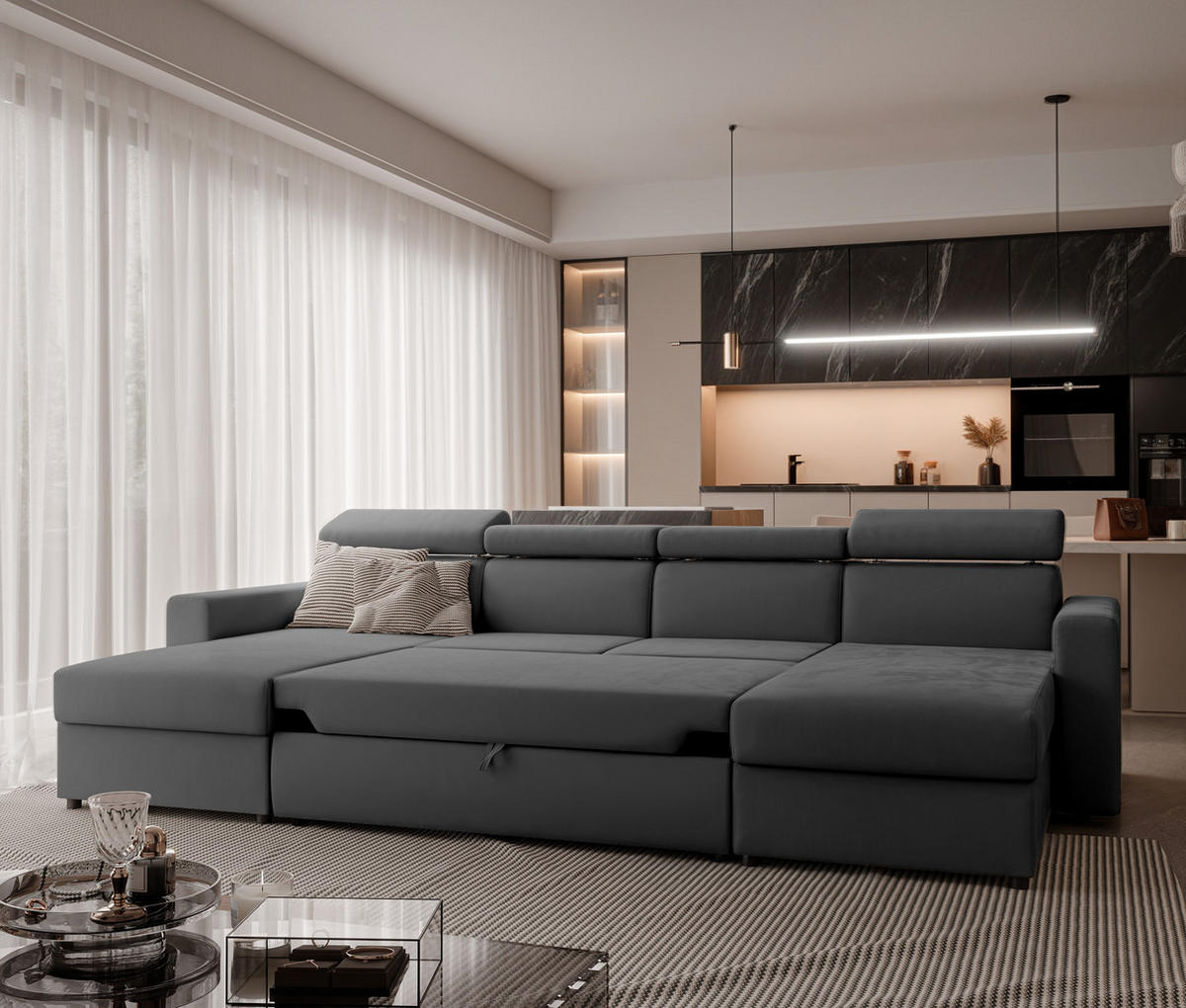 WOHNLANDSCHAFT BENI U II mit verstellbaren Kopfstützen und Schlaffunktion, Farbe: Grau - Schwarz/Grau, Kunststoff/Textil (302/60/166cm) - Idohome