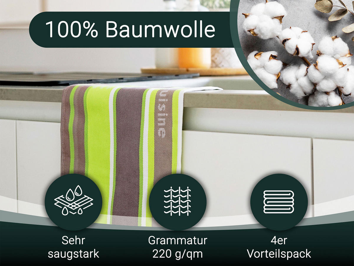 GESCHIRRTÜCHER, 4er-Set, 50x70 cm, 100% Baumwolle, Grün - Hellgrün, Textil (50/70cm) - Zollner