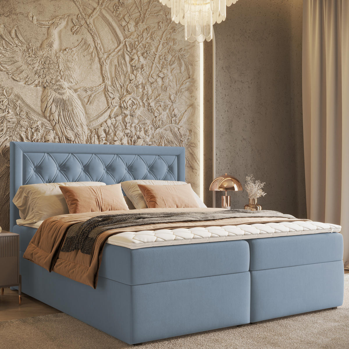 BOXBETT Maestro Blau Grau 120/200 cm mit Bonellmatratze und Topper - Blaugrau/Schwarz, Holz/Holzwerkstoff (120/200cm) - Maison de Reve