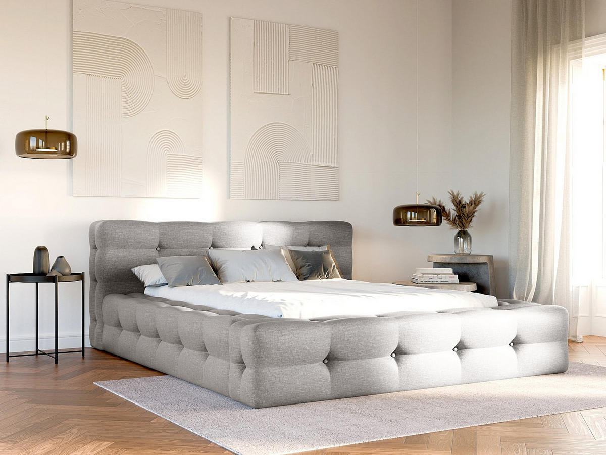 BETT mit Bettkasten - 2 Personen - Stoff - Hellgrau - Hellgrau, Textil (140/190cm) - Vente-Unique