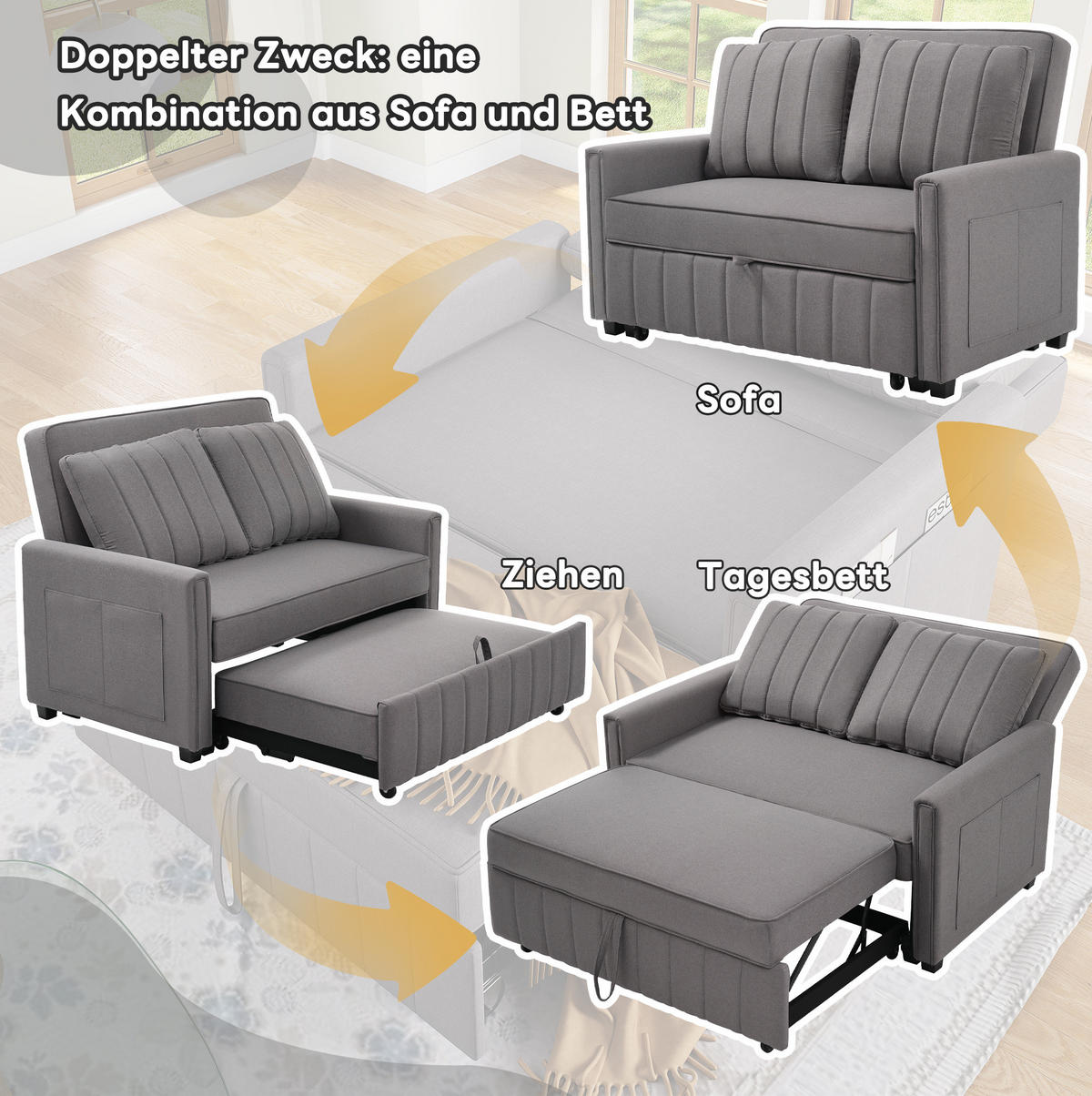 KLAPPSOFABETT mit Schlaffunktion und 3-fach Rückenlehne Antikgrau 127/75/94 cm - Grau, Textil (75/94/127cm) - Redom