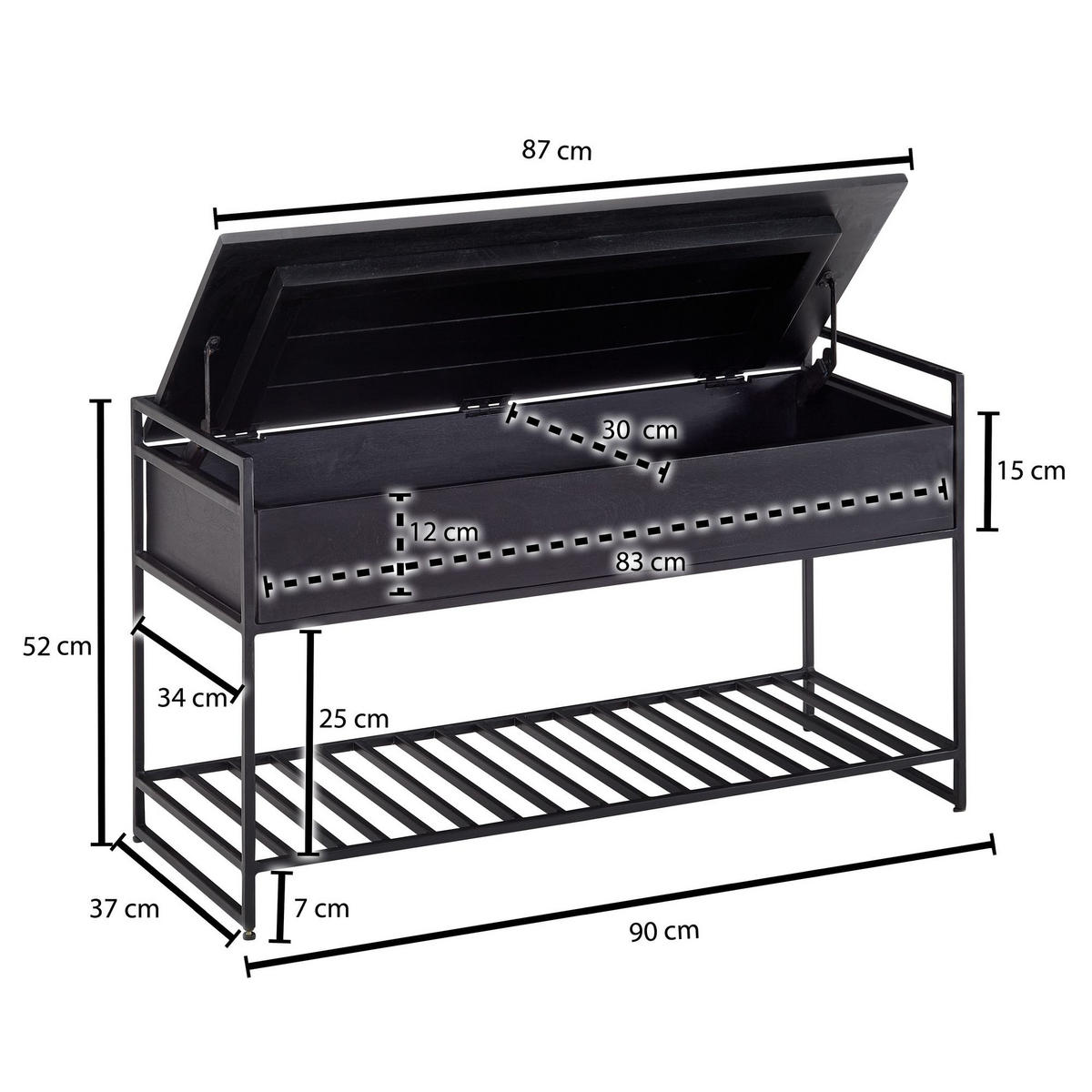 FLURBANK Holz Metall Sitzfläche hochklappbar, Schwarz 90x38x52 cm - Schwarz, Holz/Metall (90/52/38cm) - KADIMA DESIGN