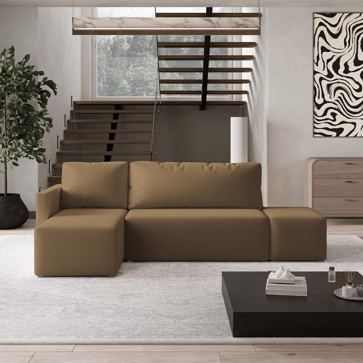 ECKSOFA VELOTTI L-S Orange Boucle-Stoff mit Schlaffunktion - Orange, Holz (261/143cm) - MASSENO