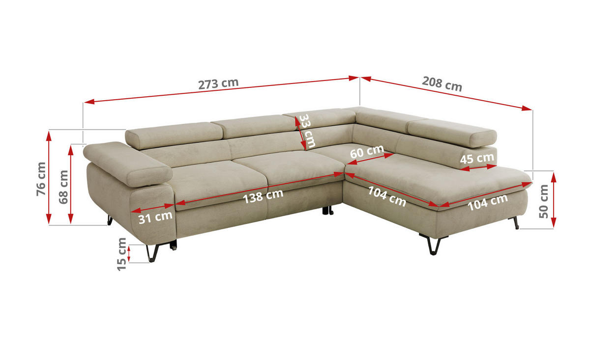 ECKSOFA PABLO L Beige Velvet - Rechts Seite mit Visco Topper - Beige/Schwarz, Textil/Metall (273/208cm) - MKS
