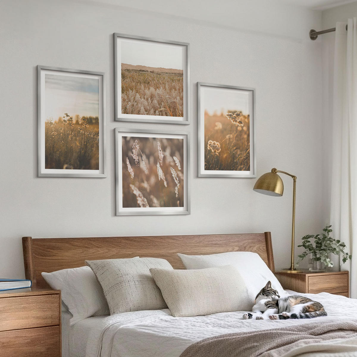 BILDER SET 4er Set - 50x50 cm & 40x60 cm Silberner Rahmen - Sommerwiesenblumen Sonnenuntergang - Silberfarben, Kunststoff (50/50cm) - TULUP