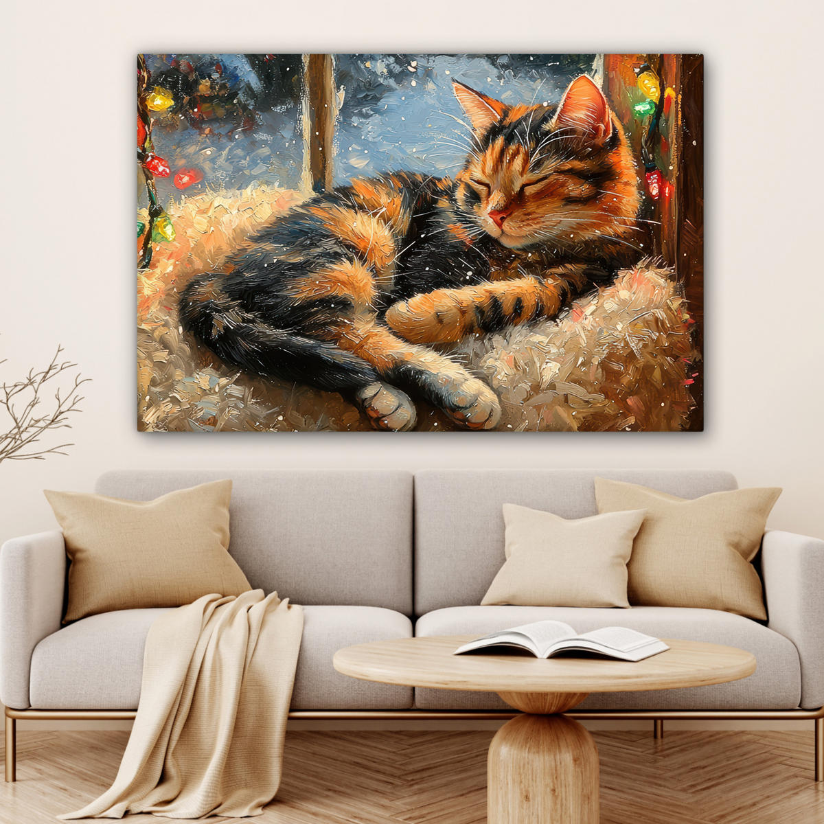LEINWANDBILD Katze - Weihnachten - Winter - Tier Groß 140x90 cm - Bernsteinfarben, Textil (140/90cm) - MuchoWow